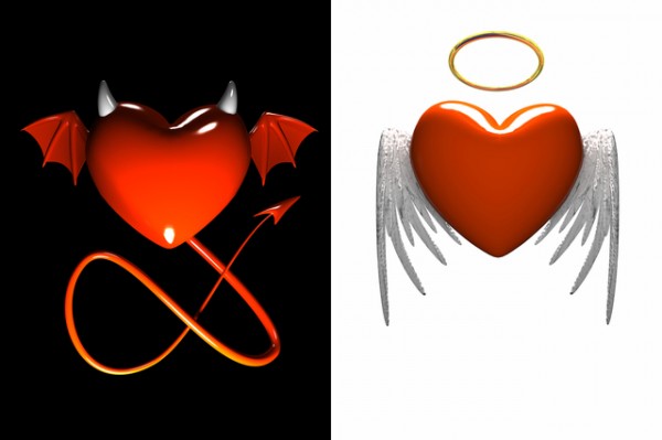 Red heart-devil and red heart-angel with wings isolated