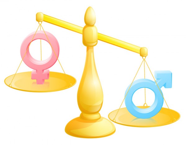 Battle of the sexes concept with male and female symbols being weighed against each other